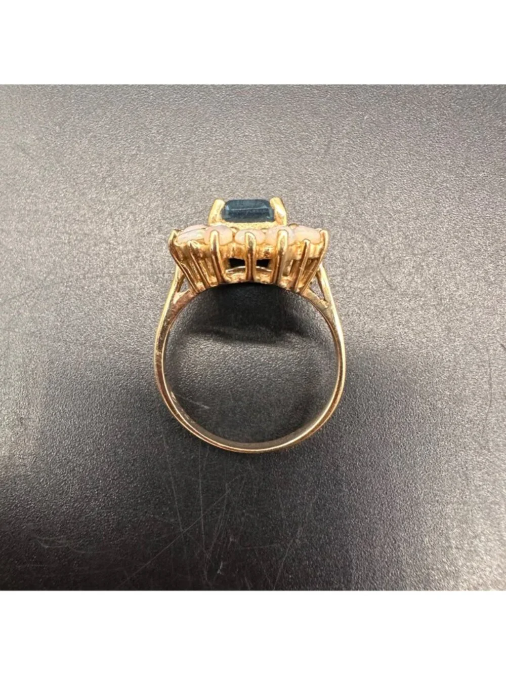Vintage Ring 14k Yellow Gold Blue Topaz Opal Cabochons Cocktail Size 5.5 Retro